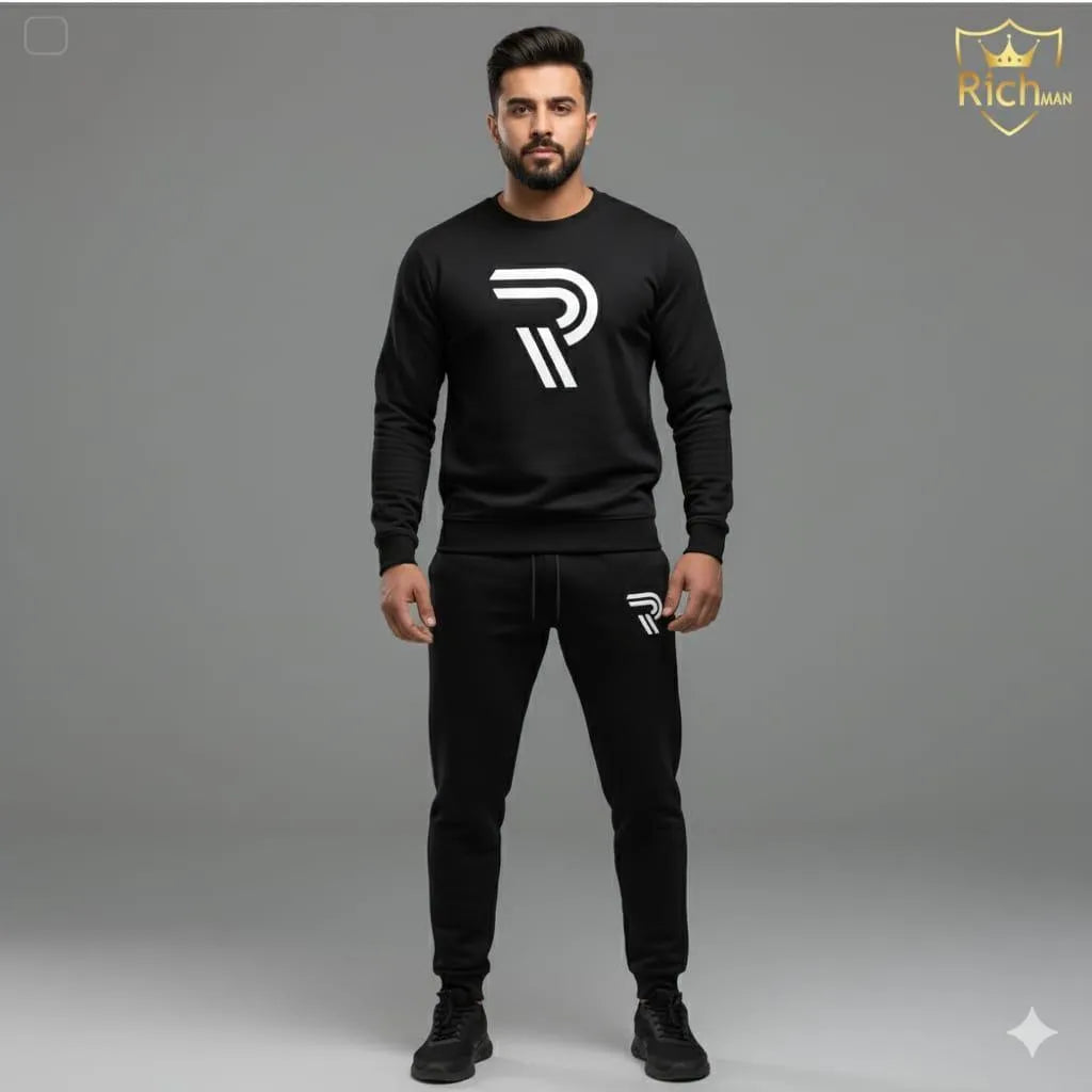 R Printed Sweatshirts With Trouser 2 PC (Black)