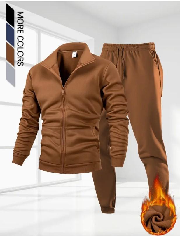 Men's Plain Fleece Zipper Track Suits 2pc (Brown)