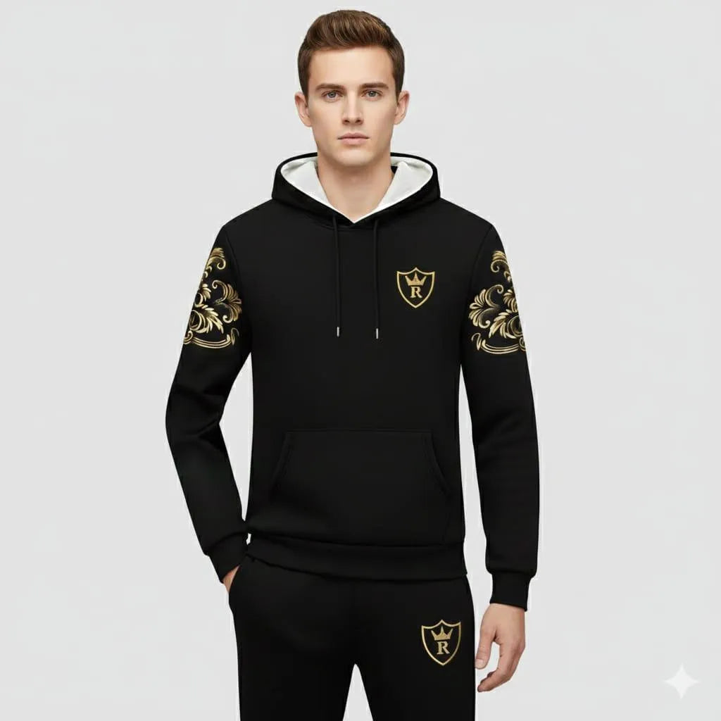 Royal Crest Black Printed Hoodie 2pc Tracksuit