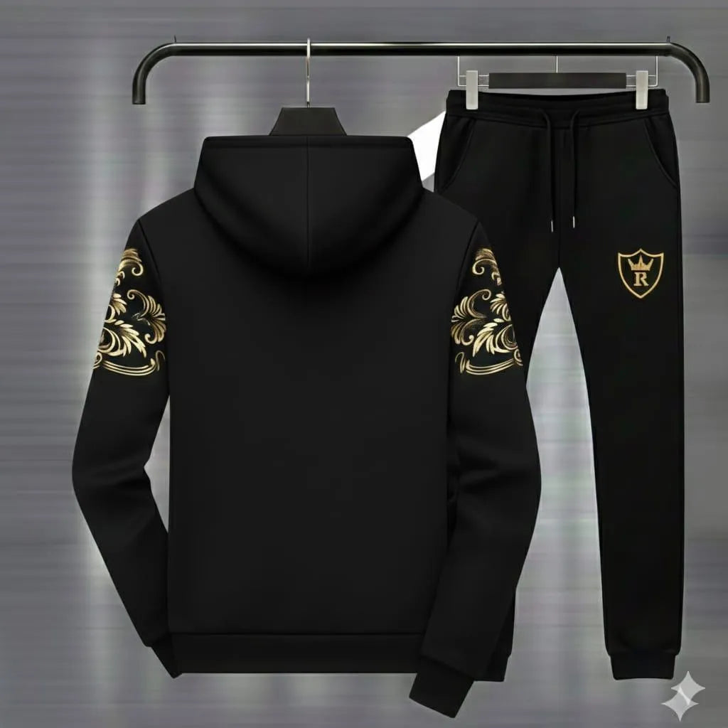 Royal Crest Black Printed Hoodie 2pc Tracksuit