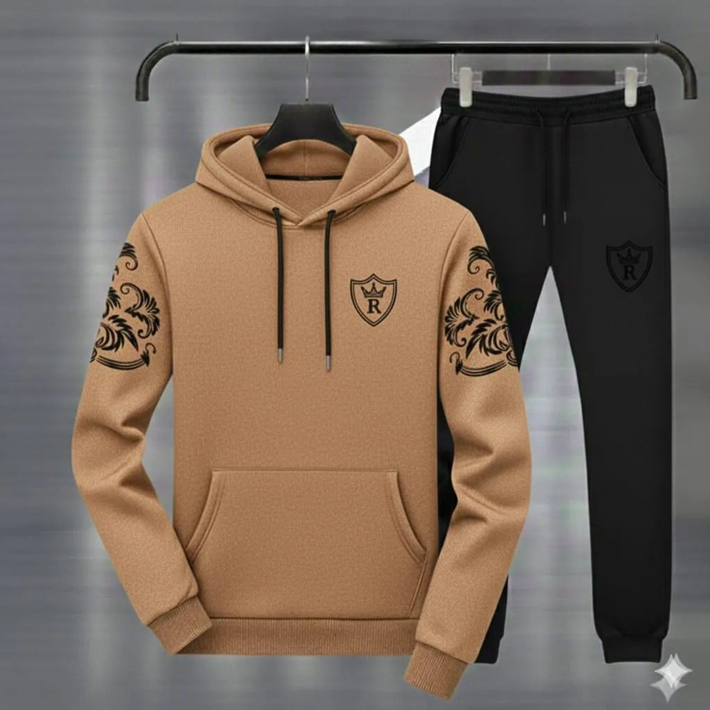 Royal Crest Brown&Black Printed Hoodie 2pc Tracksuit