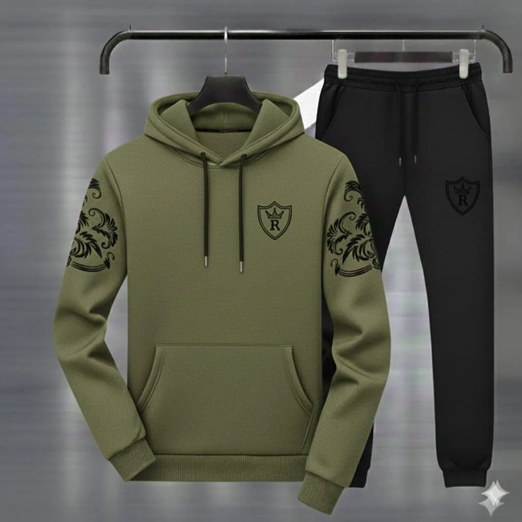 Royal Crest Olive & Black Hoodie Tracksuit 2pc