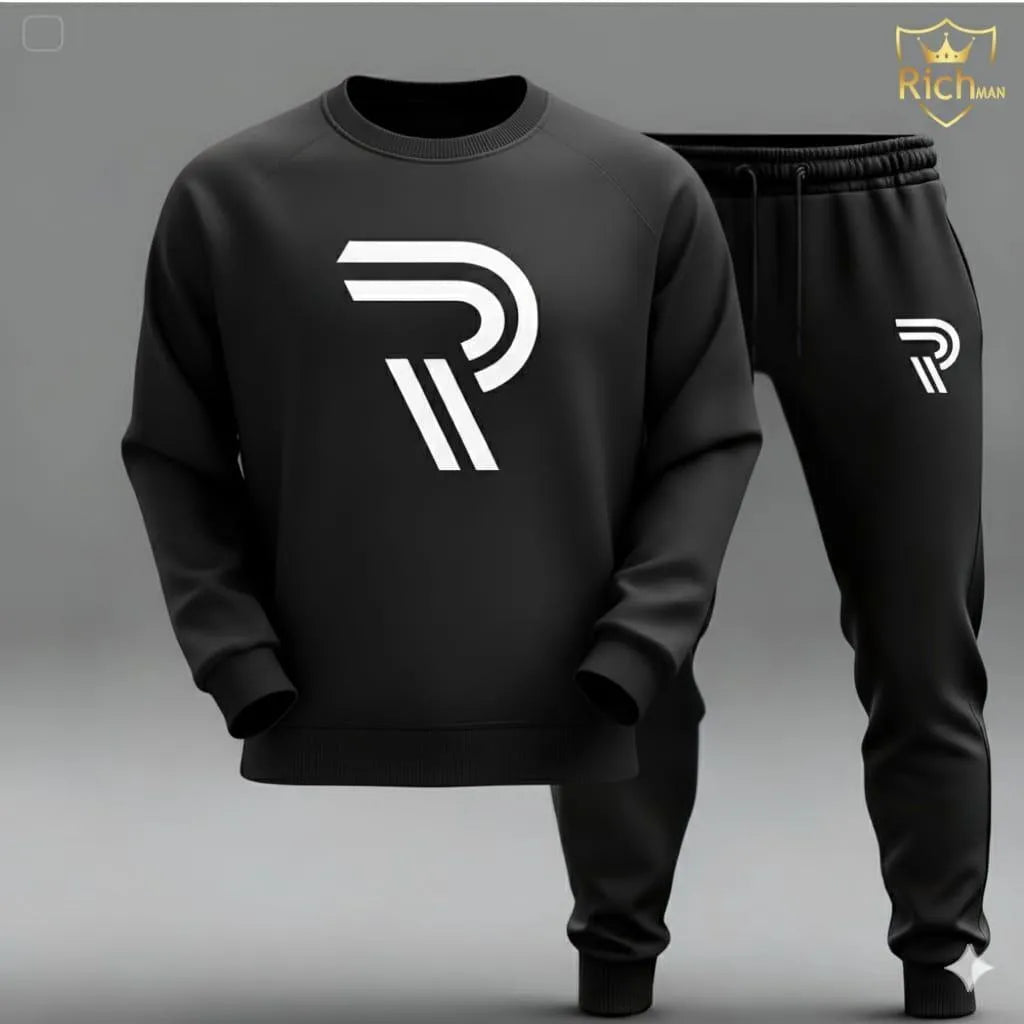R Printed Sweatshirts With Trouser 2 PC (Black)