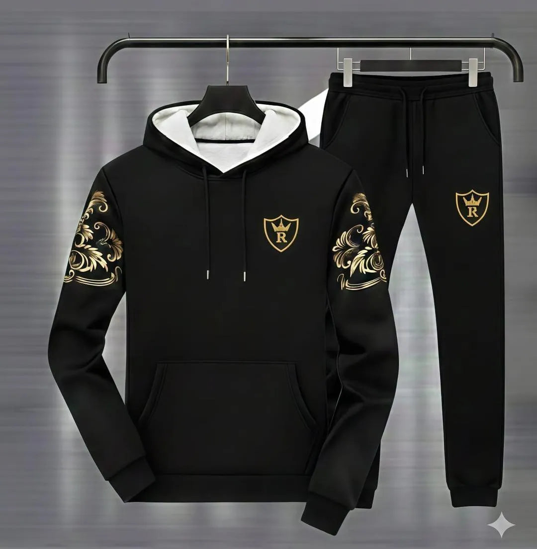 Royal Crest Black Printed Hoodie 2pc Tracksuit